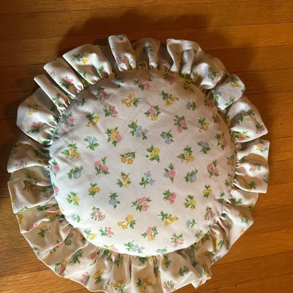 Shabby Chic Floral and Crocheted Cottagecore Circular Throw Pillow